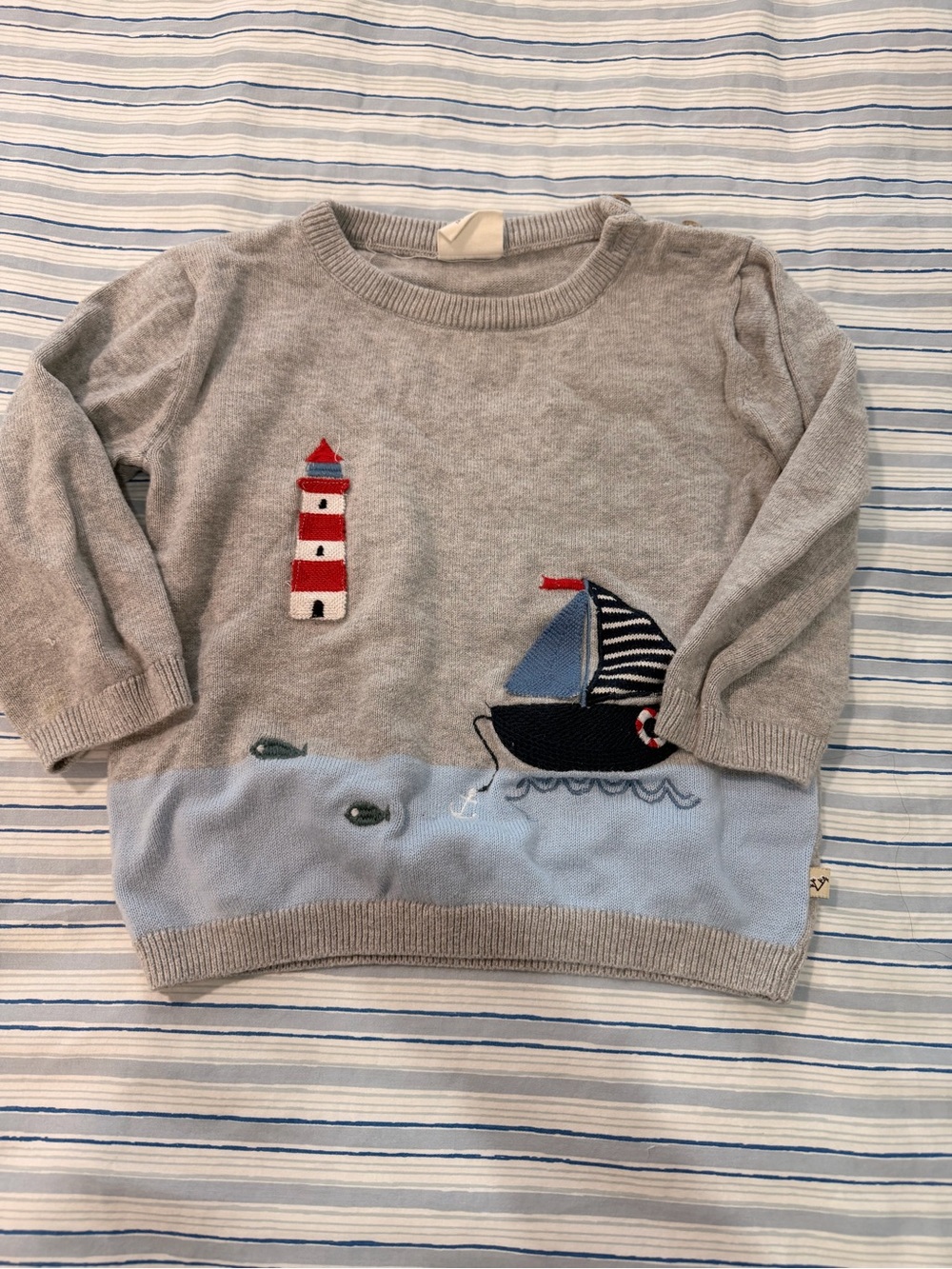 Gray & Light Blue Nautical Knit Sweater for Kids with Sailboat Motif